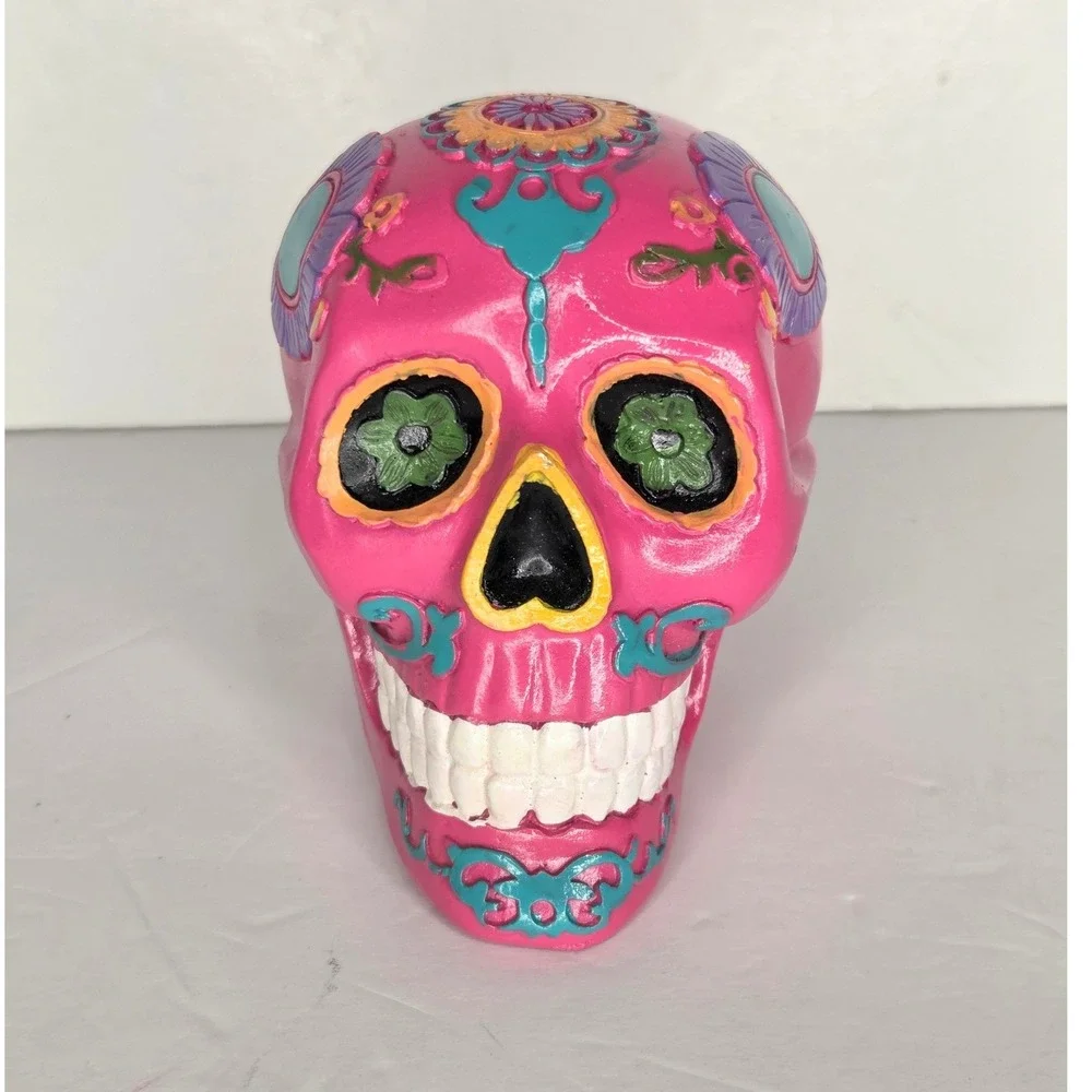 Pink Dia De Los Muertos Sugar Skull Figurine Floral Day of the Dead Decor